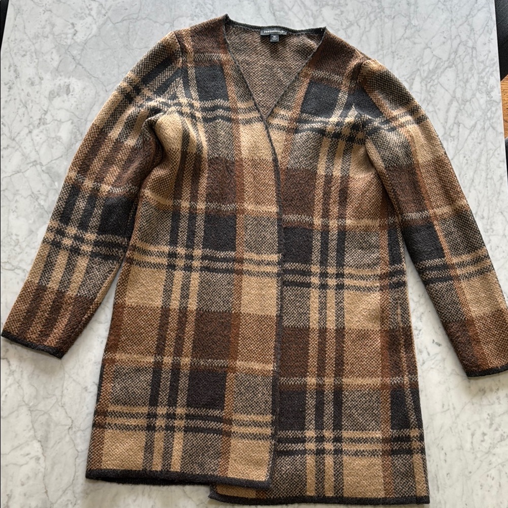 Tan and Brown Long Cardigan with Plaid Design